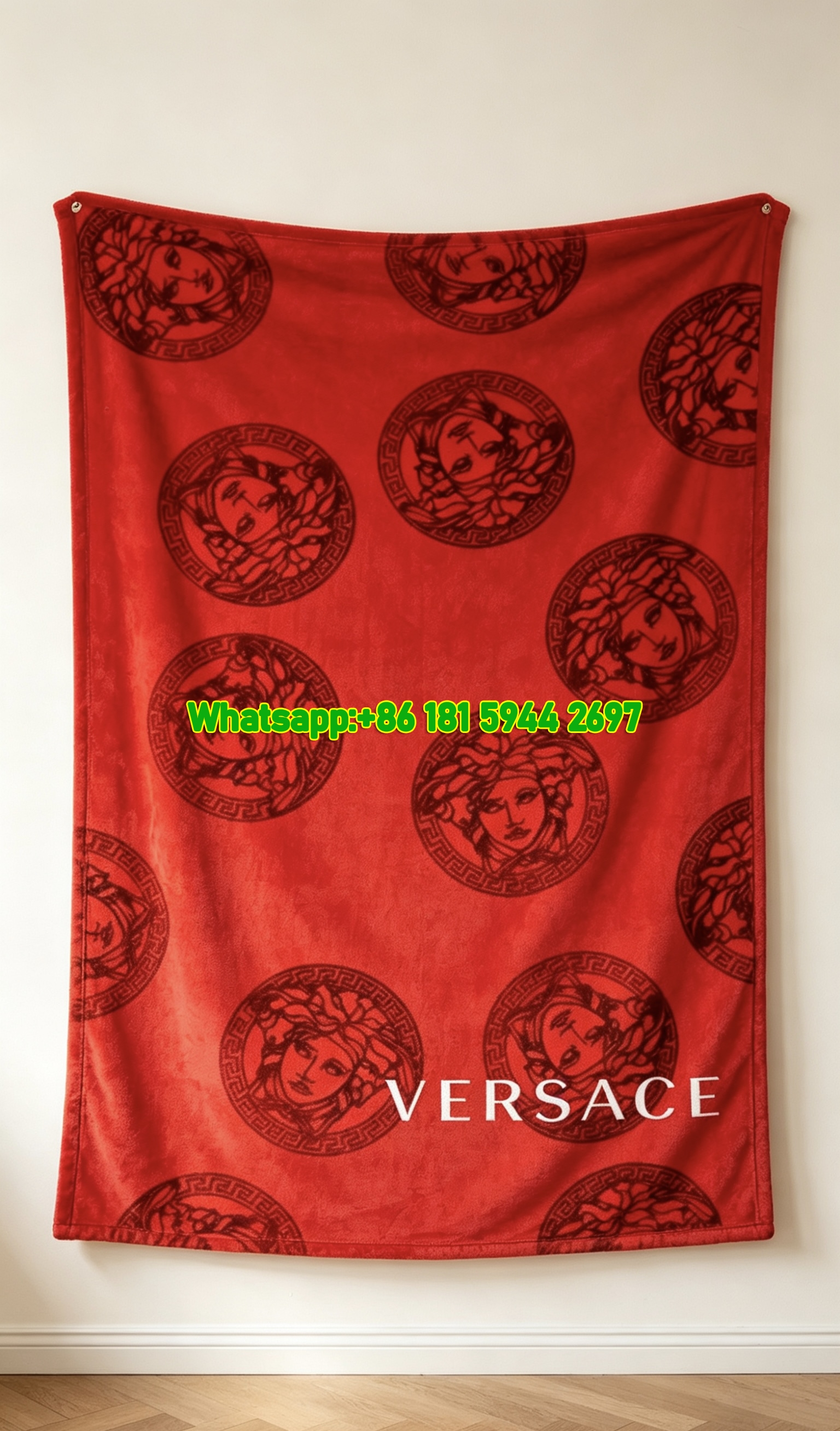 Bright Red Versace Medusa Repeat Print Fleece Throw Blanket IMG_1386
